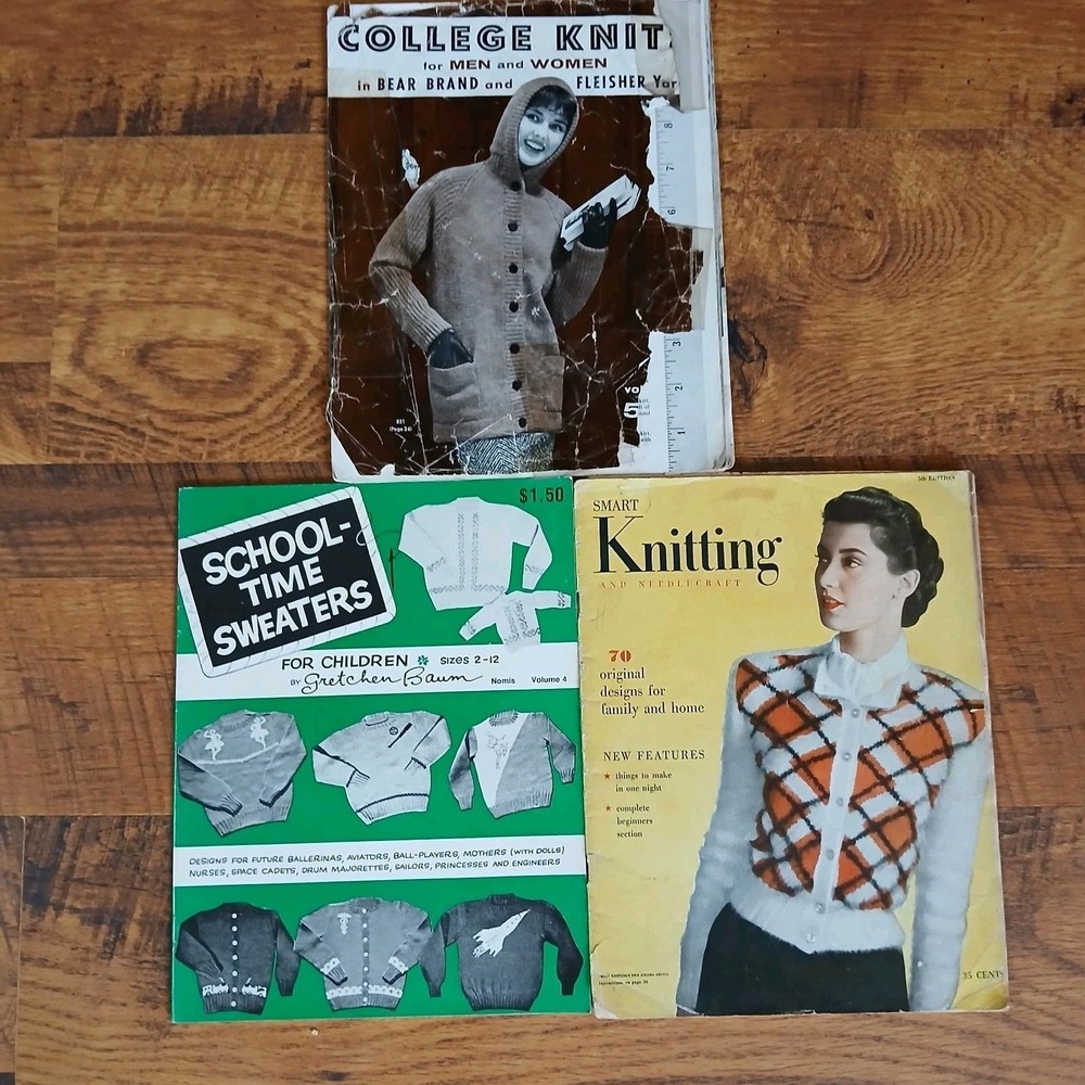LOT of 3 Vintage Knitting Pattern Booklets 1940s-1950s Classics Sweaters